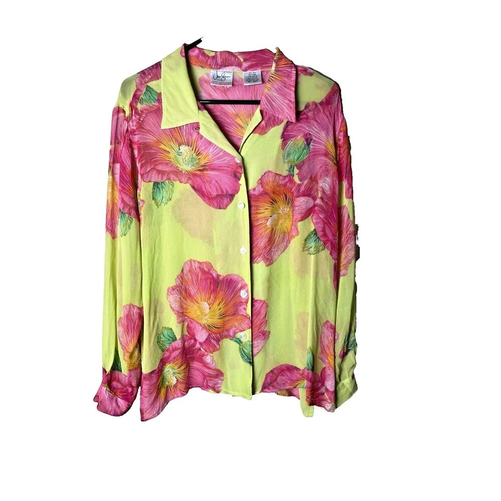 Vintage Jane Seymour Signature Multicolor Floral 100% Silk Blouse Size Medium - Picture 3 of 8